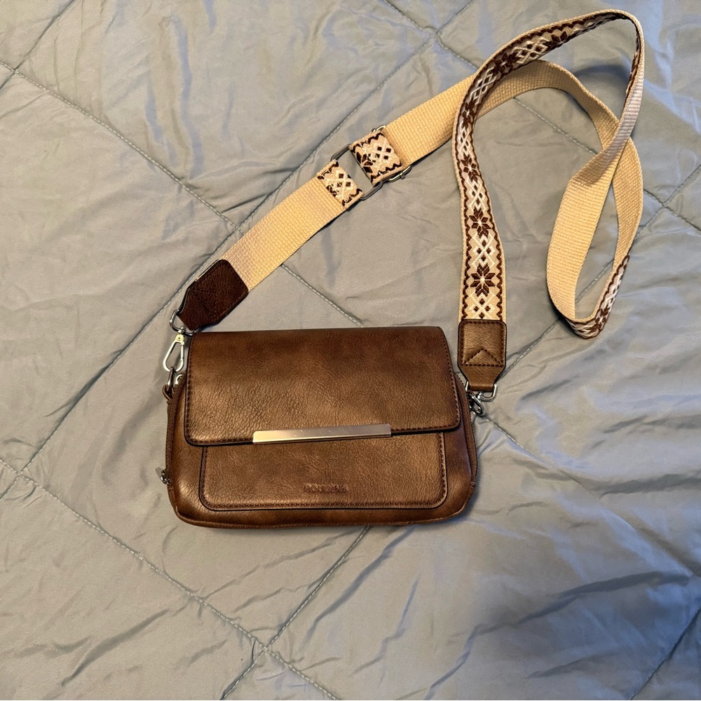 Roulens Brown Crossbody Bag with Patterned Strap